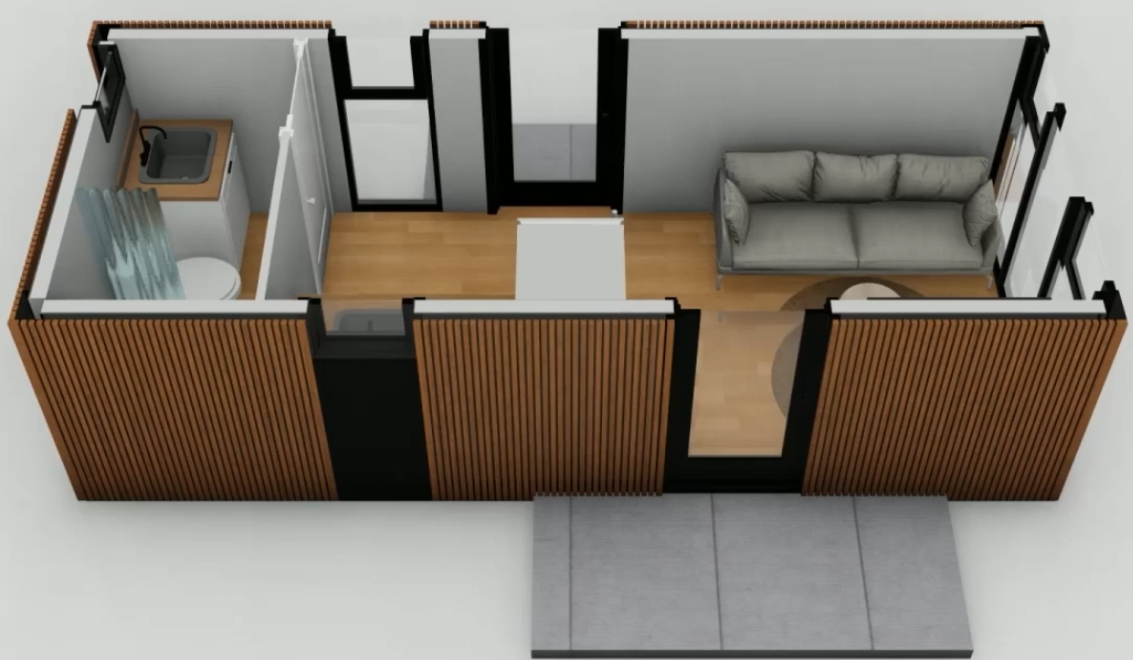 Flat pack container house shown as a 3D isometric assembly diagram