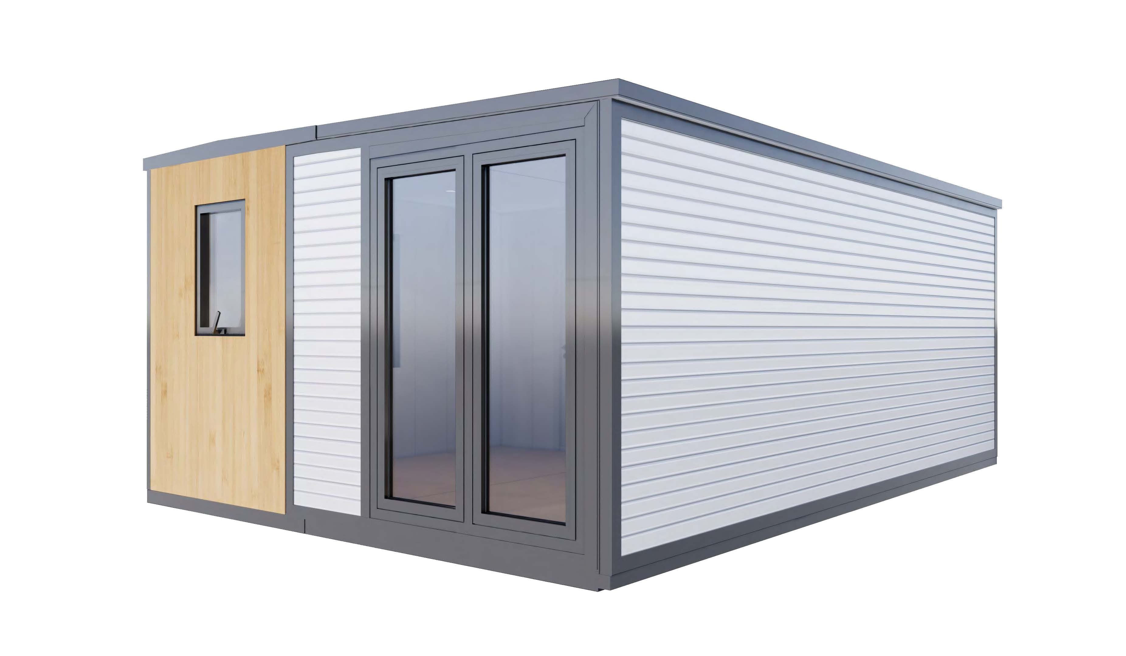 Expandable prefab home shown in isometric view with extended side wings