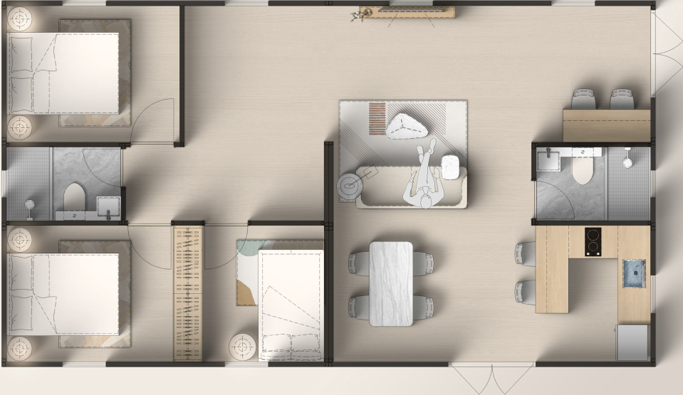 Flip Mix multi-unit configuration used as a disaster relief accommodation cluster